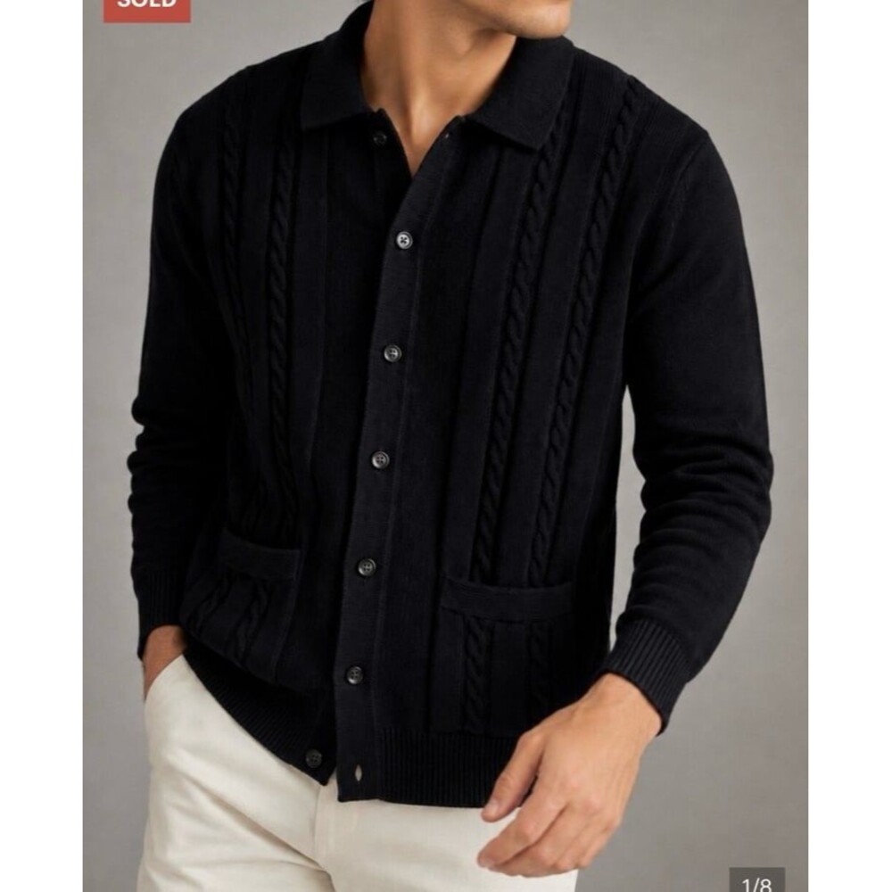J. Crew Heritage Cotton Cable-Knit Black Button Front Cardigan Sweater Size XL